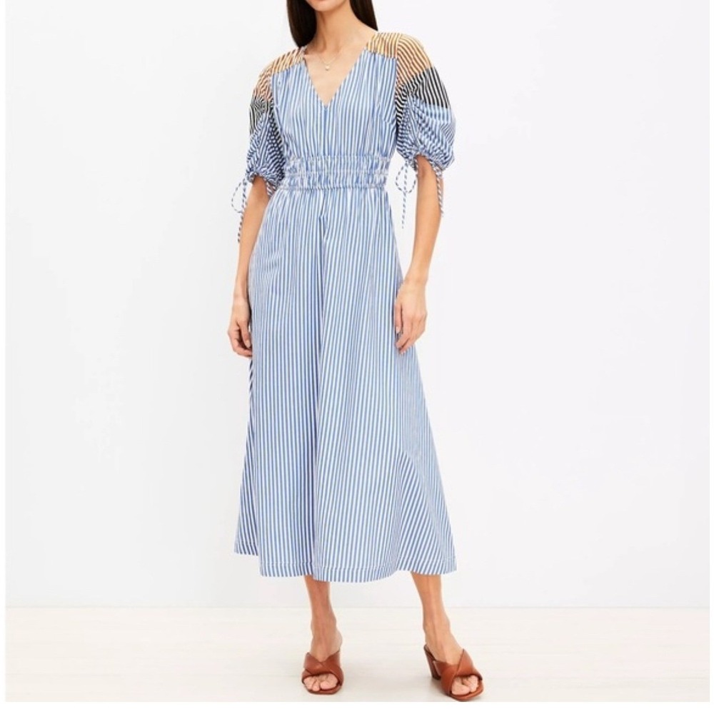 Loft Striped Smocked Waist Midi Dress Blue White Puff Sleeve XS